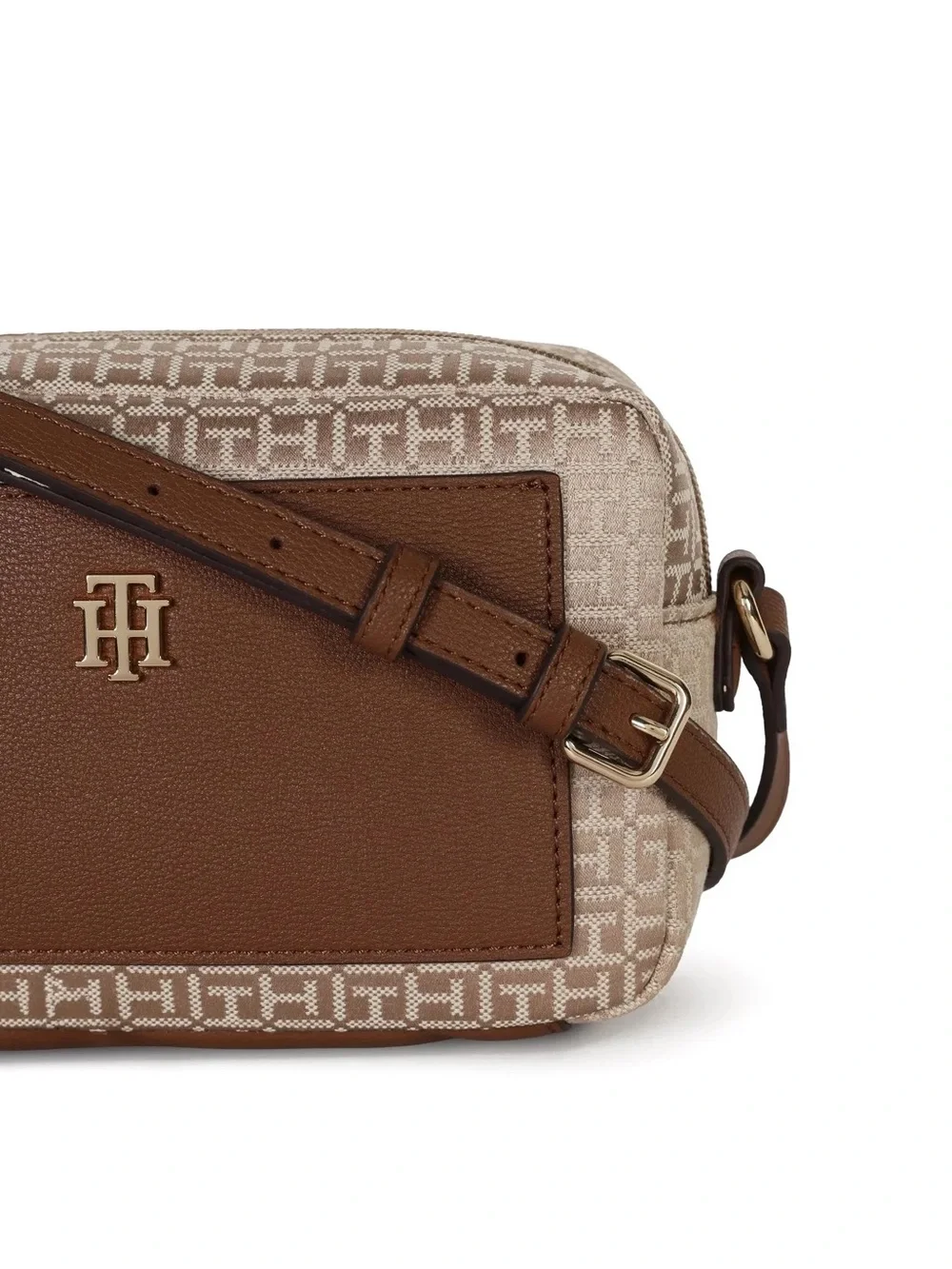 Tommy Hilfiger Beige Jacquard & Brown Leather Crossbody Bag
